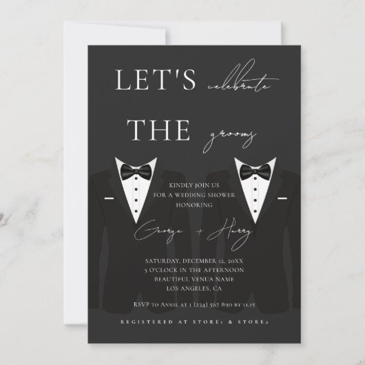 Zwei Grooms LGBTQ Tuxedo Stilvoller Polterabend Einladung (Vorderseite)