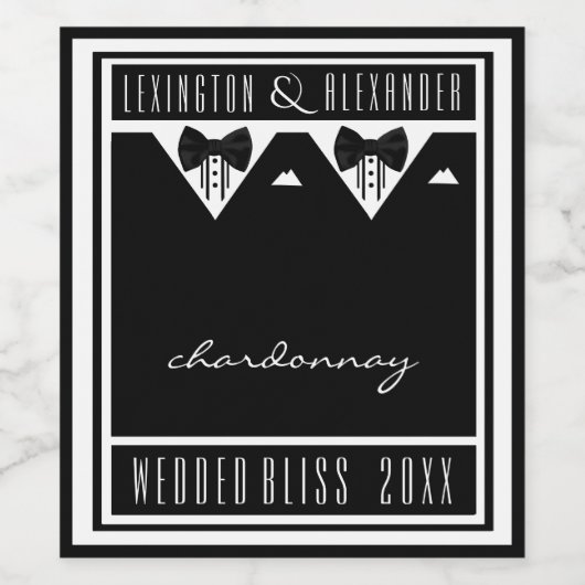 Zwei Grooms Tuxedo und Bow Krawatte Schwarz/Weiß Weinetikett (Einzelnes Label)