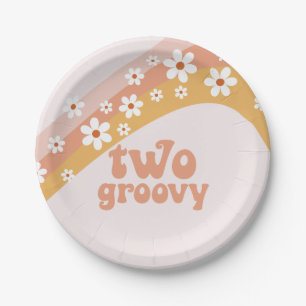 Zwei groovige Retro-Gänseblümchen-Boho-Regenbogen- Pappteller