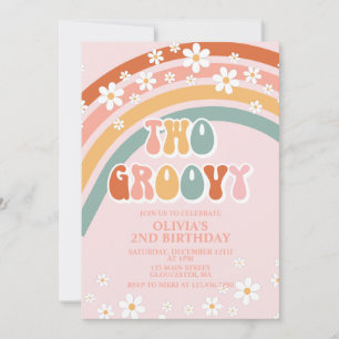 Zwei groovige retro Regenbogen-Gänseblümchen-Gebur Einladung