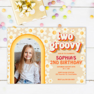 Zwei Groovy 2. Geburtstag Foto Einladung | Retro D