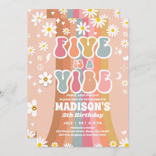 Zwei Groovy 5th Birthday Rainbow Peace Liebe Party Einladung (Vorne/Hinten)