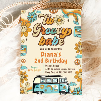 Zwei Groovy Babe Retro Rainbow 2. Party Einladung