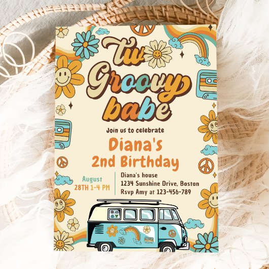 Zwei Groovy Babe Retro Rainbow 2. Party Einladung