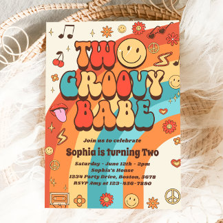 Zwei Groovy Babe Retro Rainbow 2. Party Einladung