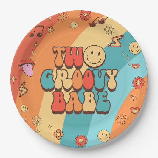 Zwei Groovy Babe Retro Rainbow 2. Party Pappteller (Vorderseite)