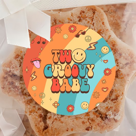 Zwei Groovy Babe Retro Rainbow 2. Party Runder Aufkleber