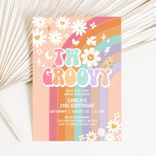 ZWEI Groovy Daisy Hippie 70er Retro 1. Geburtstag Einladung