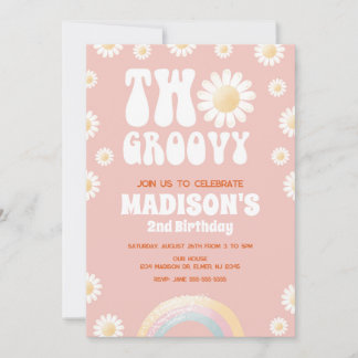 Zwei Groovy Daisy Rainbow 70er Retro 2. Geburtstag Einladung