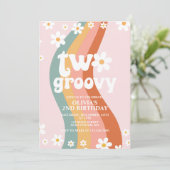 ZWEI Groovy daisy Regenbogen 2. Geburtstag Einladung (Stehend Vorderseite)