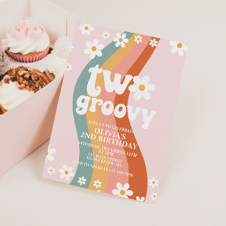 ZWEI Groovy daisy Regenbogen 2. Geburtstag Einladung