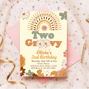 Zwei Groovy Floral Rainbow 2. Geburtstag Einladung
