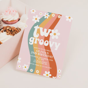 ZWEI Groovy Gänseblümchen Regenbogen 2. Geburtstag Einladung