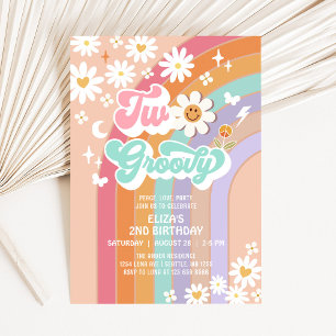 Zwei groovy Hippie Daisy Regenbogen 2. Geburtstag Einladung