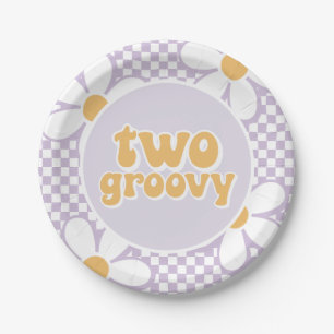 Zwei Groovy Lila Daisy Schachbrett Pappteller