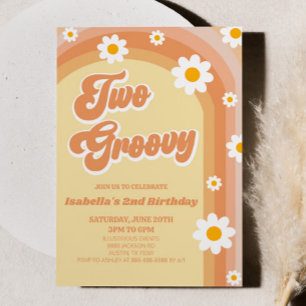 Zwei Groovy Orange Retro Gänseblümchen 2. Geburtst Einladung