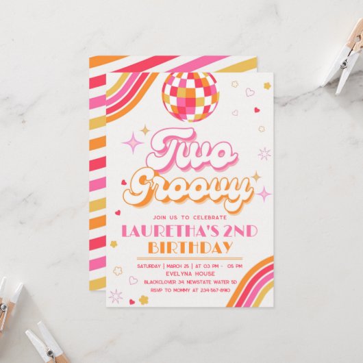 Zwei Groovy Party zum Geburtstag Einladung (Vorderseite/Rückseite Beispiel)