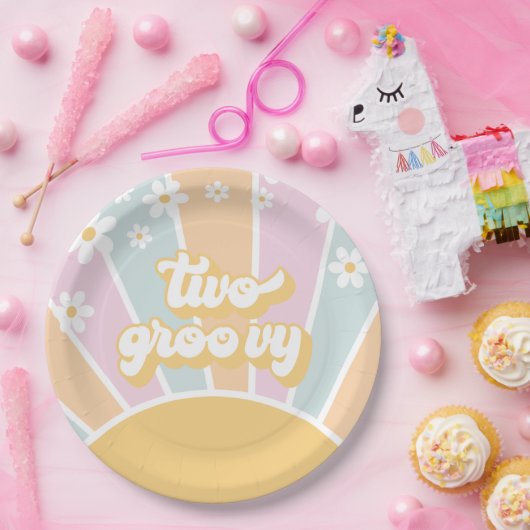 Zwei Groovy pastel Retro Sunshine daisy boho Pappteller (Party)