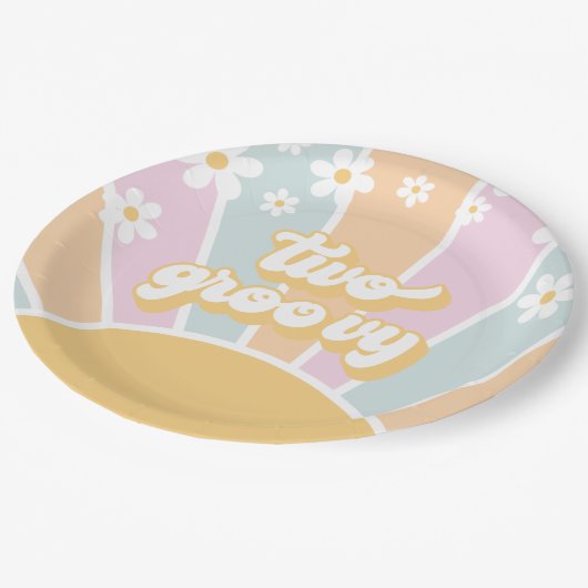Zwei Groovy pastel Retro Sunshine daisy boho Pappteller (Schrägansicht)