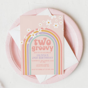 Zwei Groovy Pastell-Regenbogen zum 2. Geburtstag Einladung