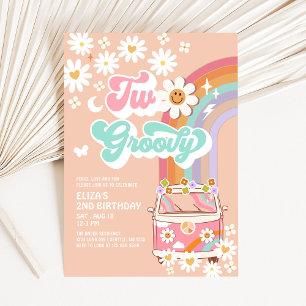 Zwei Groovy Pink Daisy Rainbow Van 2. Geburtstag Einladung