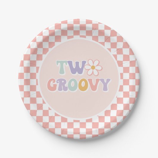 Zwei Groovy Pink Daisy Schachbrett Pappteller (Vorderseite)
