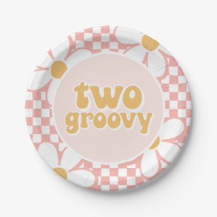 Zwei Groovy Pink Daisy Schachbrett Pappteller