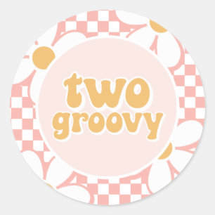 Zwei Groovy Pinke Gänseblümchen Karo Runder Aufkleber