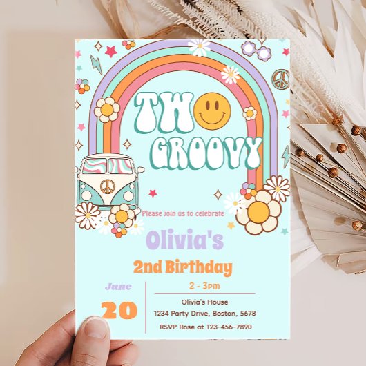 Zwei Groovy Rainbow Blume 2. Geburtstag Einladung