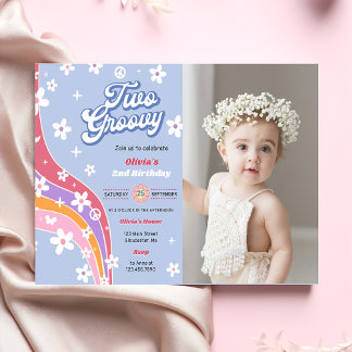 Zwei Groovy Rainbow Floral 2. Geburtstag Party Fot Einladung