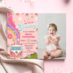 Zwei Groovy Rainbow Floral 2. Geburtstag Party Fot Einladung