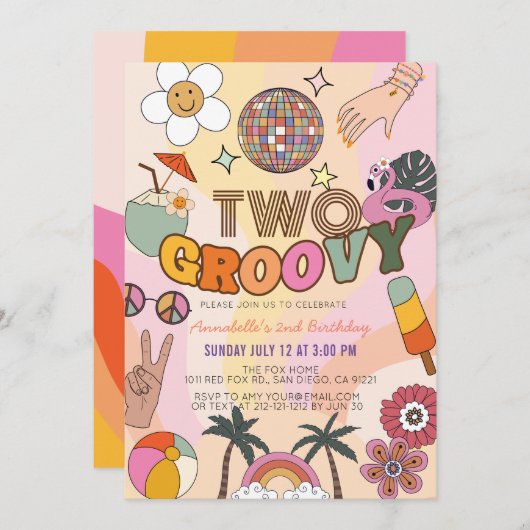 Zwei Groovy Retro 2. Geburtstag Einladung (Vorne/Hinten)