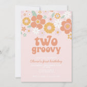 Zwei Groovy Retro Blumengeburtstag Einladung (Vorderseite)