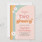 Zwei Groovy Retro Daisies Girl's 2. Geburtstag Einladung (Vorderseite)