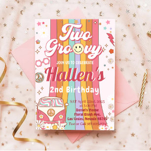 Zwei Groovy Retro Daisy Rainbow 2. Geburtstag Einladung