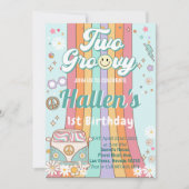Zwei Groovy Retro Daisy Rainbow 2. Geburtstag Einladung (Vorderseite)