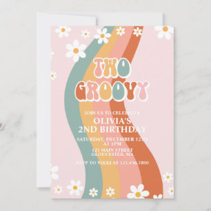 Zwei Groovy Retro daisy Regenbogen 2ND Geburtstag Einladung