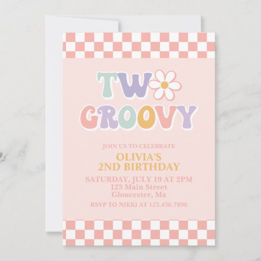 Zwei Groovy Retro Daisy und Schachbrett 2. Geburts Einladung (Vorderseite)