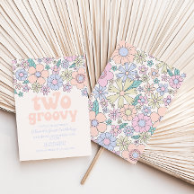Zwei Groovy Retro Floral 2. Geburtstag Einladung