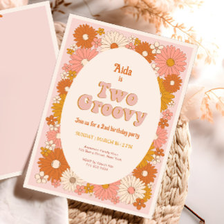 Zwei Groovy Retro Floral 2. Geburtstag Einladung