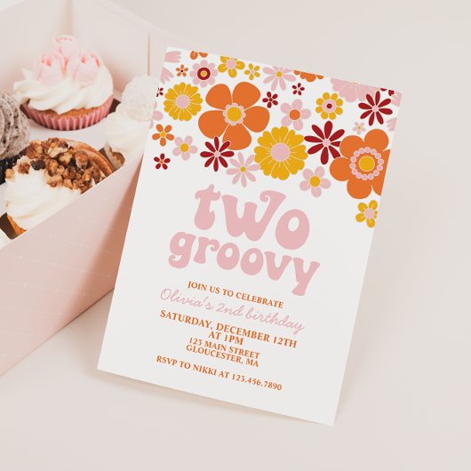 Zwei Groovy Retro Floral 2. Geburtstag Einladung