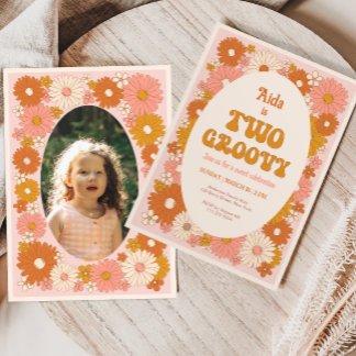 Zwei Groovy Retro Floral 2. Geburtstag Einladung