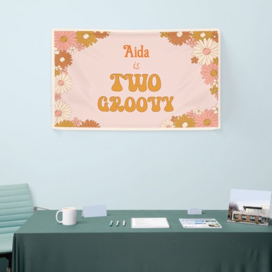 Zwei Groovy Retro Floral Rosa & Orange Hintergrund Banner (Messeveranstaltung)