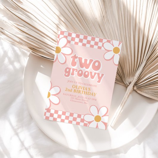 Zwei Groovy Retro Karo Pink Daisy Einladung