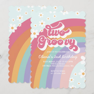 Zwei Groovy Retro Rainbow 2. Geburtstag Einladung