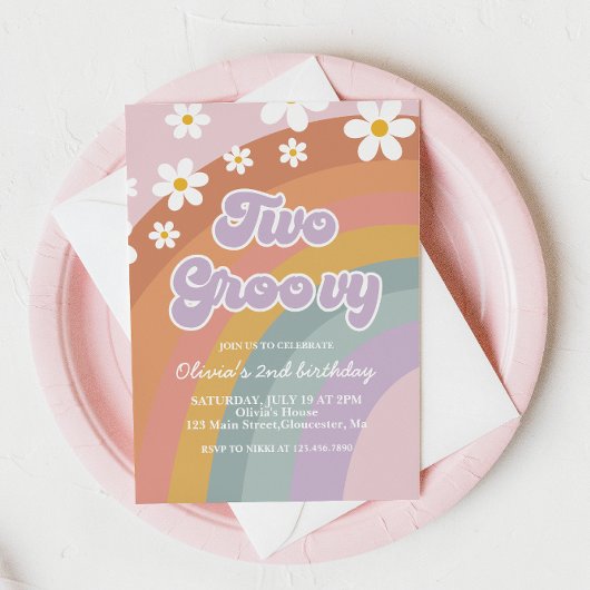 Zwei Groovy Retro Rainbow 2. Geburtstag Einladung