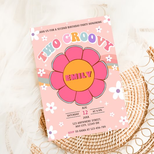 Zwei Groovy Retro Rainbow 2. Party zum Geburtstag Einladung