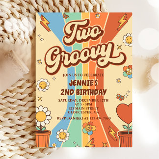 Zwei Groovy Retro Rainbow 2. Party zum Geburtstag Einladung