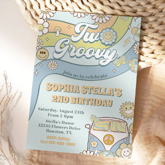 Zwei Groovy Retro Rainbow 2. Party zum Geburtstag Einladung