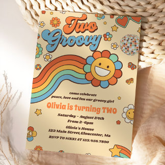 Zwei Groovy Retro Rainbow 2. Party zum Geburtstag Einladung